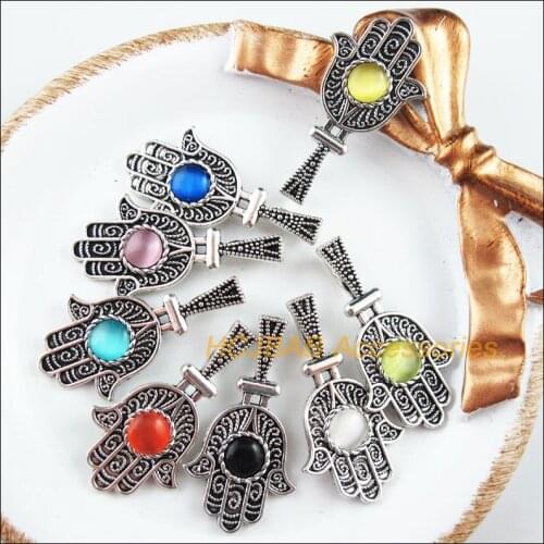 New 16Pcs Tibetan Silver Tone Retro Hand Mixed Cat eye Stone Charms Pendants 17.5x33mm