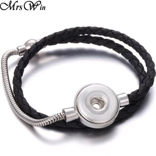 New Black Leather 18mm Snap Button Bracelet & Bangles High Quality Rubber Bracelets for Snap Jewelry Braided Leather Bracelet