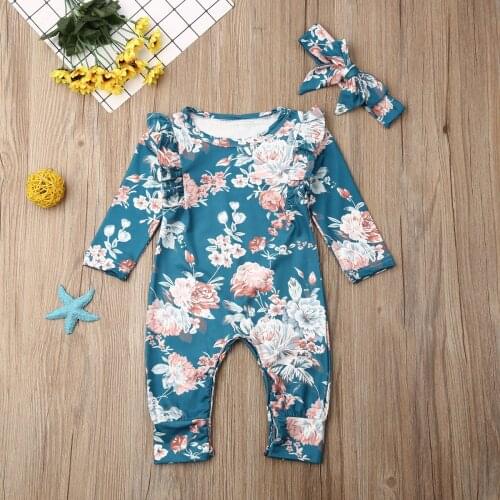 Pudcoco Newborn Baby Girl Clothes Long Sleeve Flower Print Romper Jumpsuit Headband 2Pcs Outfits Cotton Clothes