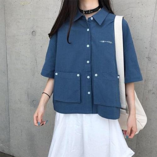 Shirts Women Short Sleeve Summer Blouses Harajuku Simple Shirt All-match Printed Pockets Street Preppy Style Loose Womens Tops