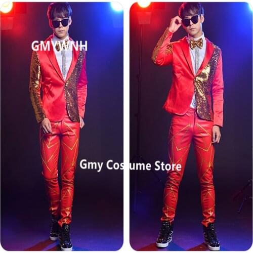 R19 Red singer stage suit dj performance wears outfits ballroom dance costumes host dress clothing party models show bar clothes