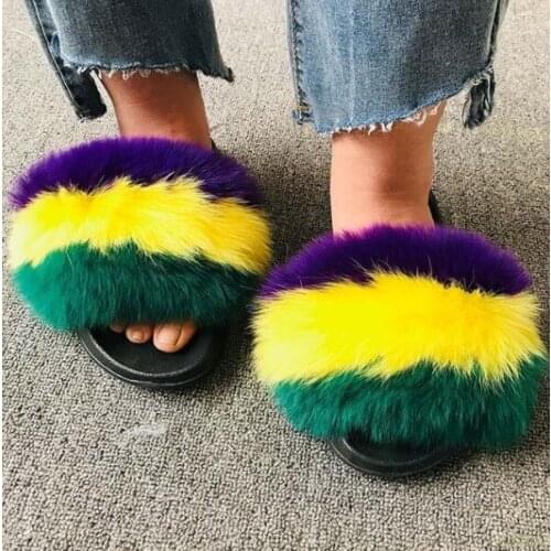Women Fox Fur Slippers Fashion Fluffy Furry Slides Warm Real Hair Sandals Ladies Casual Non Slip Flat Bottom Home Fur Flip Flops