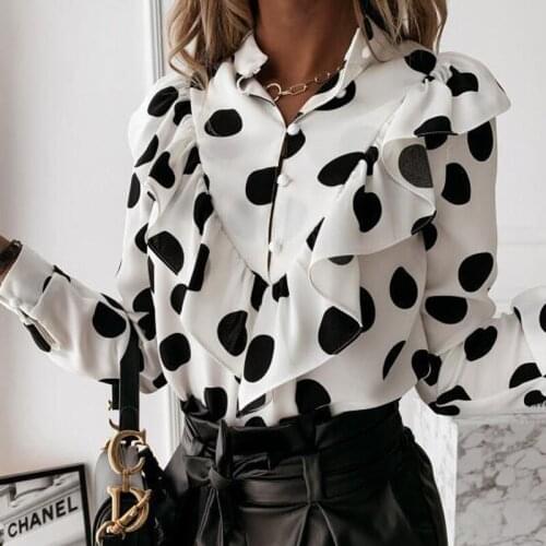 Casual Leopard Blouse Dot Print Ruffle Shirt Autumn Winter Long Sleeve Women Shirts Elegant Office Lady V-Neck Button Tops New