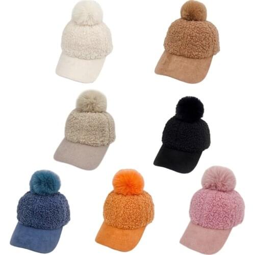 Women Winter Faux Fleece Baseball Peak Cap Fuzzy Warm Cute Pompom Visor Brim Hat A0NF