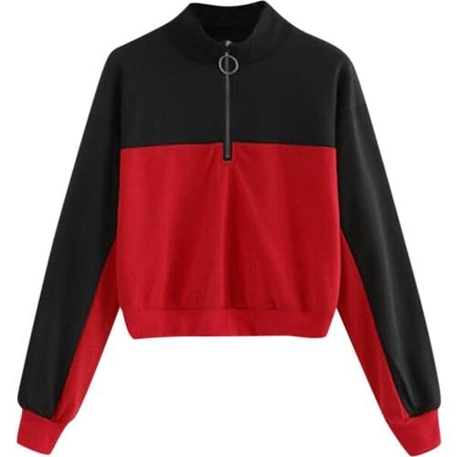 Hoodies Women Long Sleeve Patchwork Sweatshirt Crop Top Zipper Pullover Patchwork Top Blouse Autumn Leisure Hoodie Mikina