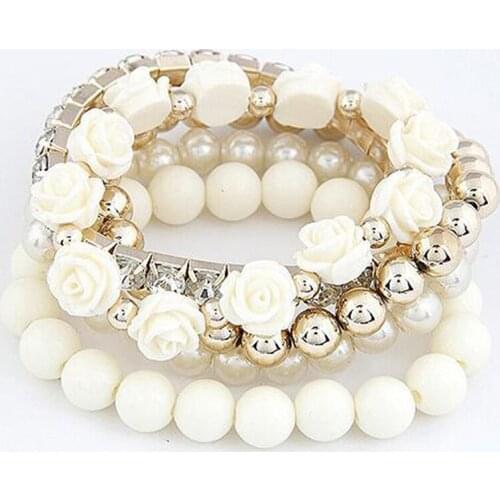 Women Bohemian Fashion Bangle Candy Color Pearl Rose Flower Multilayer Beads Stretch Charm Bracelet Pulseras Mujer
