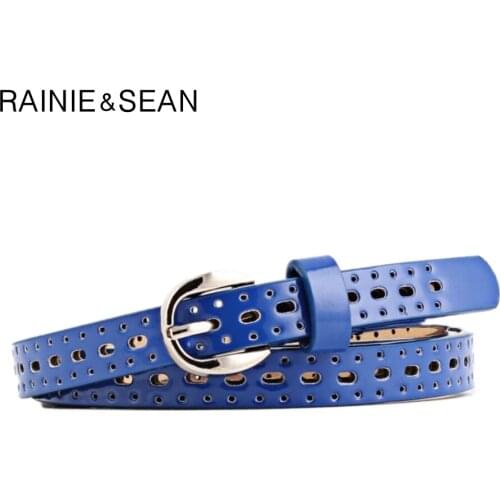 RAINIE SEAN Women Belt Hollow Out Pu Leather Royalblue Belt Women Korean Casual Ladies 2021 Solid Thin Leather Belt For Jeans