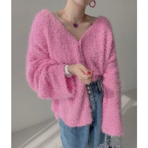 Autumn Casual Long Sleeve Knitted Cardigans Women Loose V-neck Single Breasted Knit Sweater Korean Fashion Knitwear Coat 2021