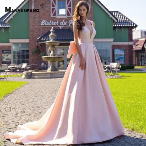 Vestido De Noiva 2021 New Arrival Deep V-Neck Chapel Train Sleeveless Satin Bridal Ball Gown High-End Bow Backless Wedding Dress