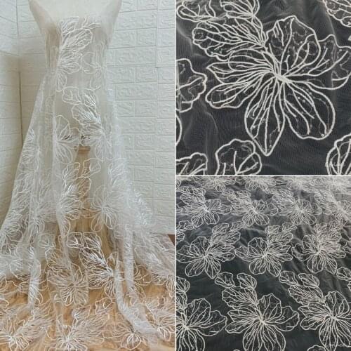 1 Yard 130 cm wide off white Big flower gorgeous tulle mesh sequins embroidery wedding gown French Africa lace fabric