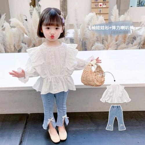 New 2021 Summer Kids Baby Girls Ruffle Blouse Shirt Tops +Jeans Denim Pants Outfit Set Children Girls Fashion Clothes Sets Q18