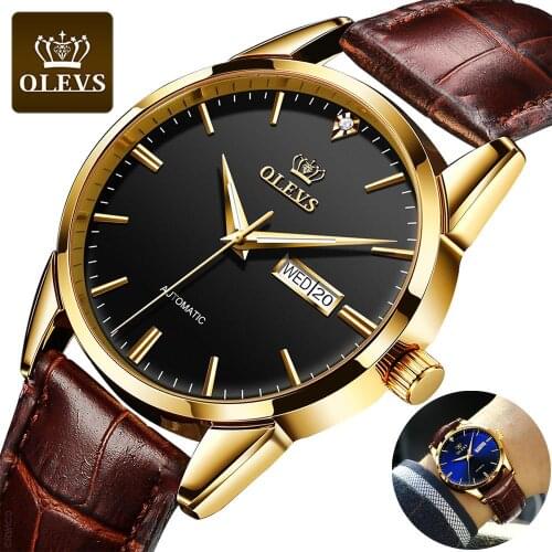OLEVS New Automatic Watches Mens Mechanical Watches Classic Leather Watch Men Luxury Men Date Business Waterproof Clock Man