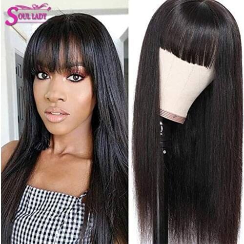 Soul Lady Cheap Long Human hair Wigs with Bangs Natural Head Spin Non Lace Full Machine Made Wig With Bangs Remy Malaysian wig