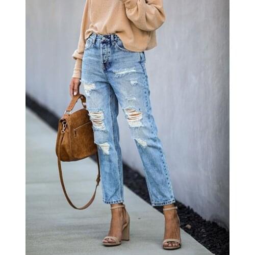 New leisure commuter jeans with holes in Europe and America street hipsters with torn waist and straight leg pants