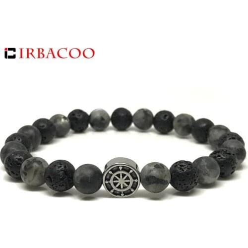 IRBACOO 2020 Men Bracelet Viking Vintage Stainlee steel Charm Lava Stone Matte Gray Stone Beaded Bracelet For Men Jewelry