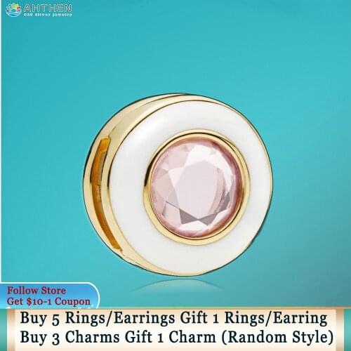 Ahthen 925 Sterling Silver Bead White Circle Clip Charm fit Original Pandora Bracelets for Women Jewelry Making Girl Gift