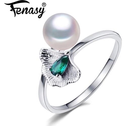 FENASY Trendy Green Stones Emerald 925 Sterling Silver Ring Genuine Natural Freshwater Pearl Rings For Women