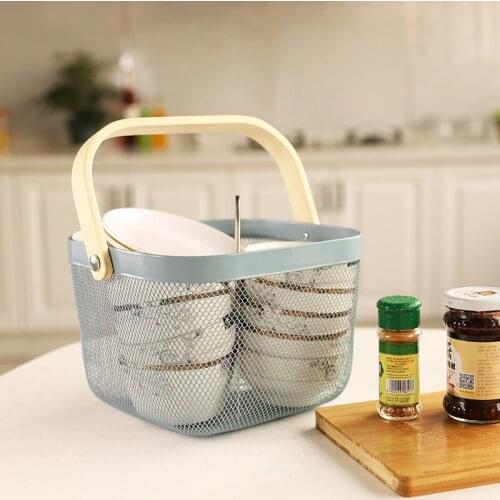 Home kitchen bathroom storage basket rishato basket iron portable basket wood handle fruit and vegetable basket