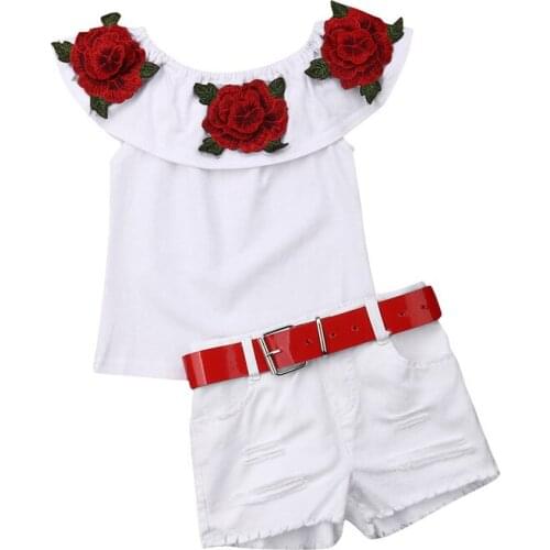 Summer Children Clothing 2019 Pretty Kids Baby Girl Off-shoulder Appliques Tops Denim Ripped Shorts+Belt 2Pcs Outfits Set 1-7Y