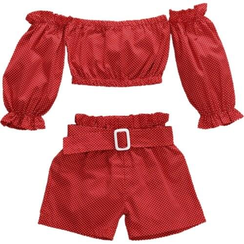 Citgeett Toddler Baby Girl Kid Summer Long Sleeve Clothes Polka Dot Belt Off Shoulder Tops Pants 2pcs Set