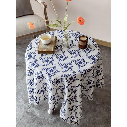 Small Flower Pattern Flax Tablecloth Blue and White Porcelain Print Cover Coffee Dinner Table Cloth for Wedding Banquet