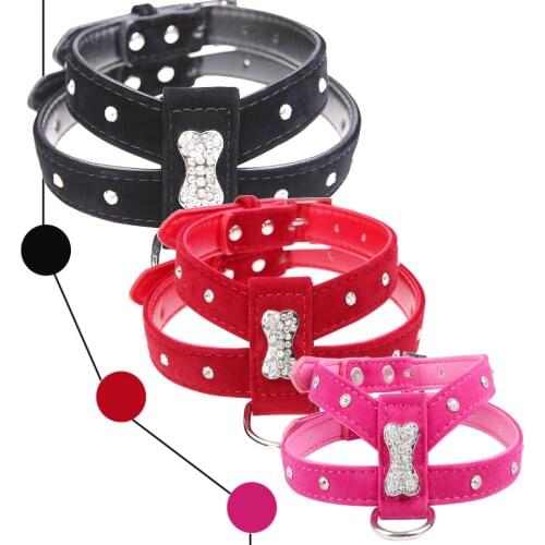 Bling Rhinestone Bone Velvet & Leather Pet Puppy Dog Collar Harness Chihuahua Teacup Care S M L Red Black Hot Pink Free Shipping