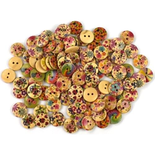 100Pcs Mixed Round Flower Wood Sewing Buttons for Cloth Flatback Cabochon Scrapbooking Crafts Knopf Bouton Decor Diy Accessories