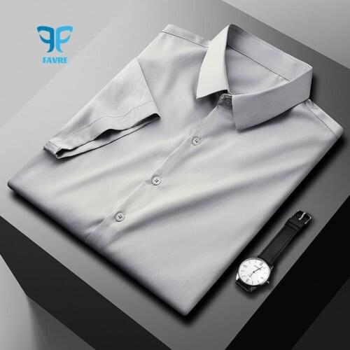 FAVRE Men Dress Shirts Short Sleeve Social Office Business Collared Shirt stripe White Silk Work Interview Clothes