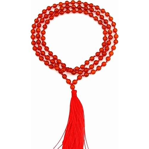 Hand Knotted natural Red stone 6mm 108 Beads Buddhist Buddhism Prayer Bead Mala for Meditation Tassel Long Necklace