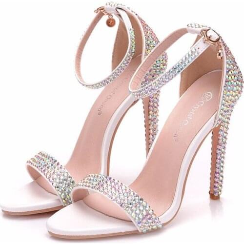 Women sandals wedding Party banquet PU Rhinestones Buckle Strap 11CM Thin High Heels Round Toe sandal women shoes size 35-42