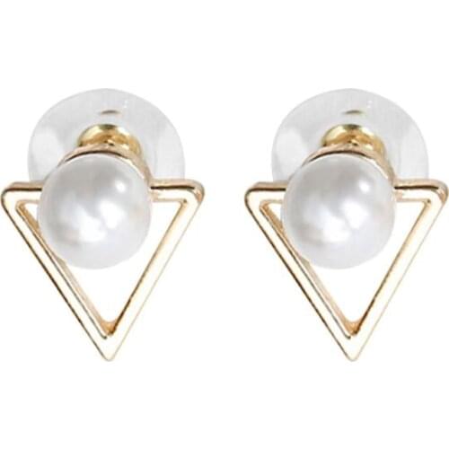 A Pair Of Stylish Triangular Pearl Stud Earrings Simple Style Hollow Triangle Pearl Earrings