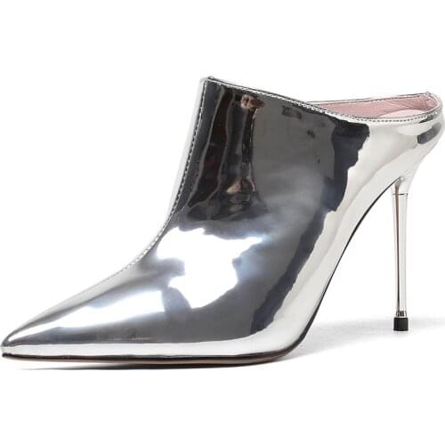 Women slippers Sexy Mules Shoes For Women high heels Sandals Female flip flops Pointed toe Slides Party shoes Woman Silver Black