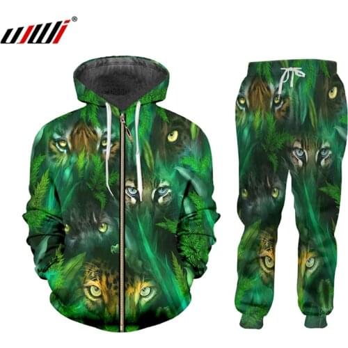 UJWI Brand Novelty Animal Forest Hoodie Sweatshirt&Jogger Pants Set Green 3D Tiger Eye Print Unisex Tops Sweatpants Custom