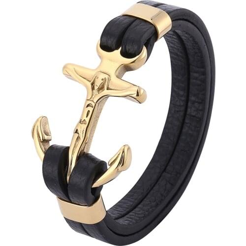 Vintage Cross Double Layer Leather Bracelet Men Jewelry Golden Stainless Steel Easy Hook Buckle Charm Bangles Gifts