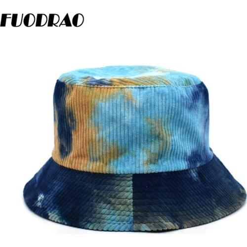 FUODRAO New Autumn Corduroy Tie Dye Bucket Hat Reversible Panama Hat Women Harajuku Vintage Hip Hop Fisherman Hat M122