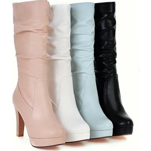 2021 New Pleated Faux Leather Women Knee High Boots Fashion Round Toe Platform Mid-calf Boots Slip on Autumn Winter Female Shoes
