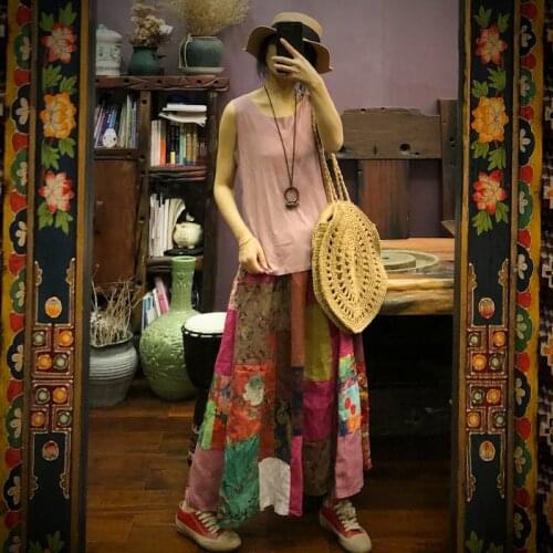 Women Randomly Patchwork Skirts Ladies Elastic Waist Plus Size Skirt Female 2020 Spliced Ramie Skirts Spring Summer Loose Skirt