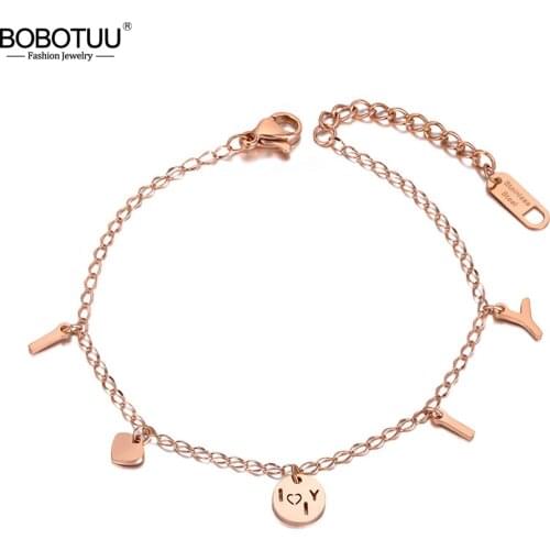 BOBOTUU Fashion Titanium Stainless Steel I Love You Charm Bracelets For Women Bohemia CZ Crystal Party Bracelet Jewelry BB20166