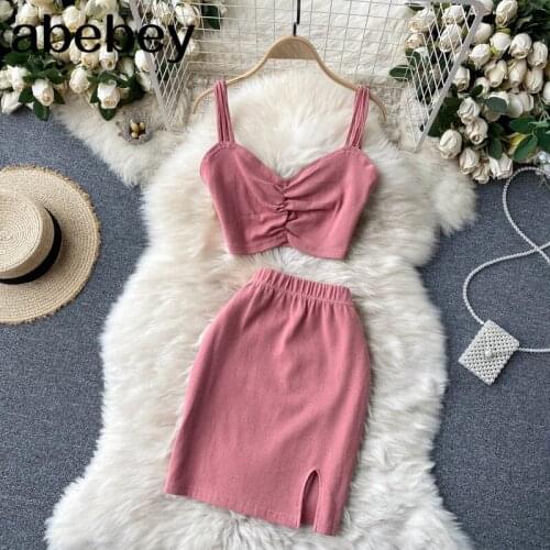 Fashion Women Two Piece Set Solid Sleeveless Ruched V-neck Crop Top and Elastic Waist Mini Pencil Skirt Suits Club Outfits