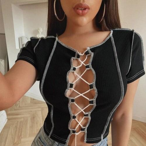 Vintage Patchwork Broken Design Mesh Crop Top For Women Street Bandage Wear Tees Punk Style Long Sleeve T-shirt Female clothes