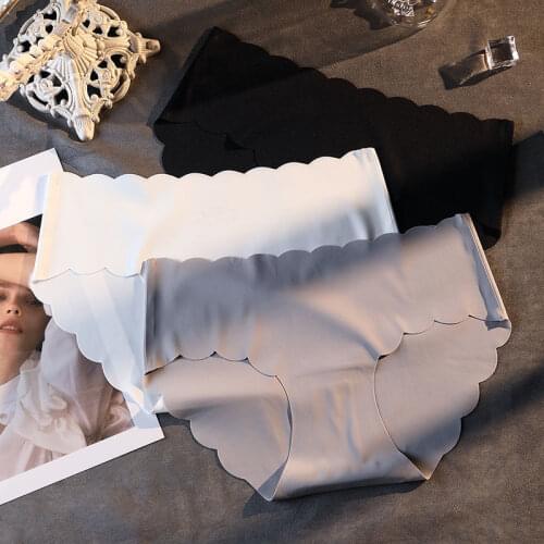 Womens underwear seamless ice silk underwear womens wavy edge solid color mid-waist cotton bottom crotch womens briefs