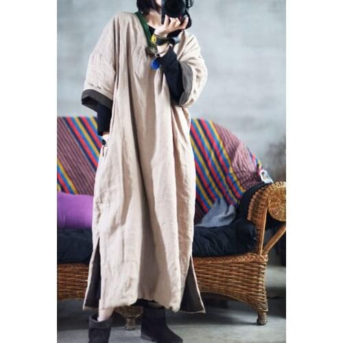 Women Loose Patchwork Padded Dress Ladies Auutmn Vintage Solid Color V Neck Robe Dress Female 2020 Dresses