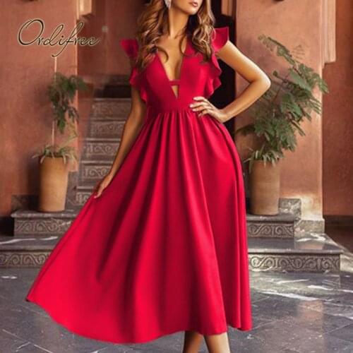 Ordifree 2021 Summer Women Red Party Dress Ruffle Deep V Neck White Yellow Sexy Slit Midi Dress