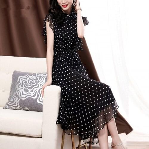 100% Real Silk Summer Dress 2020 Vintage Elegant Sexy Party Dress Women Clothes Black Polka Dot Midi Dress Vestidos SJ19042915