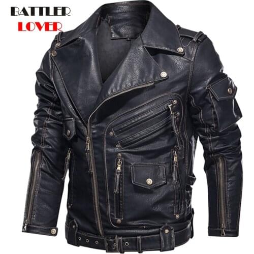 Winter Leather Cowboy Jacket For Men 2021 Fashion Motorcycle Biker Coat Male Zipper Pocket Vintage Punk Overcoat Plus Size S-5XL