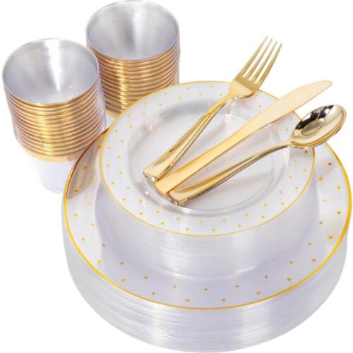 150PCS Disposable Cutlery Set Polka Dot Gold Rose Gold Plastic Dinner Plate 9 oz Cup Cutlery High-end Party Tableware Supplies
