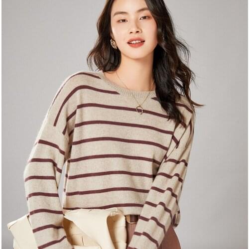 2021 woman winter 100% Cashmere sweaters knitted Pullovers jumper Warm Female O-neck blouse striped long sleeve clothing