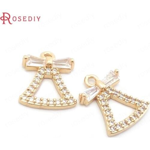 38558)6PCS 13.5x11MM 24K Champagne Gold Color Brass and Zircon with Bow Bells Charms Pendants Jewelry Making Supplies Findings