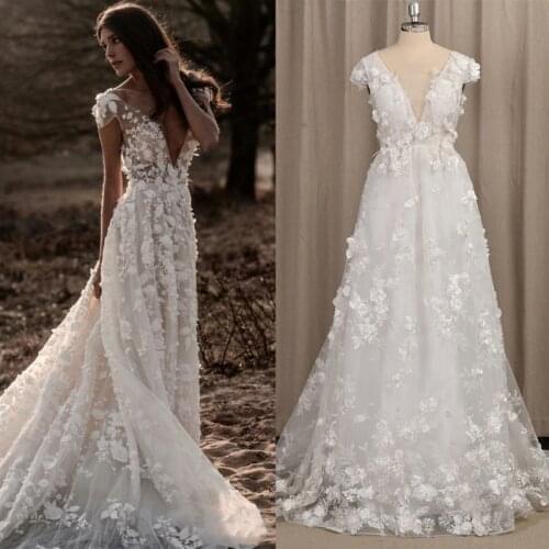 8100#Bride wedding dress 100% true picture luxury beaded 3D flower champagne lined wedding dress factory price