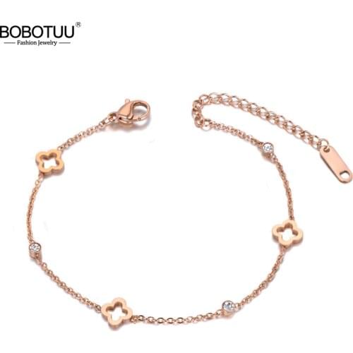 BOBOTUU Stainless Steel CZ Crystal Flower Plant Charm Bracelets For Women Girls Rose Gold Chain & Link Bracelet Jewelry BB19114